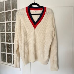 Sandro Cream V-Neck Sweater with Red and Blue Trim